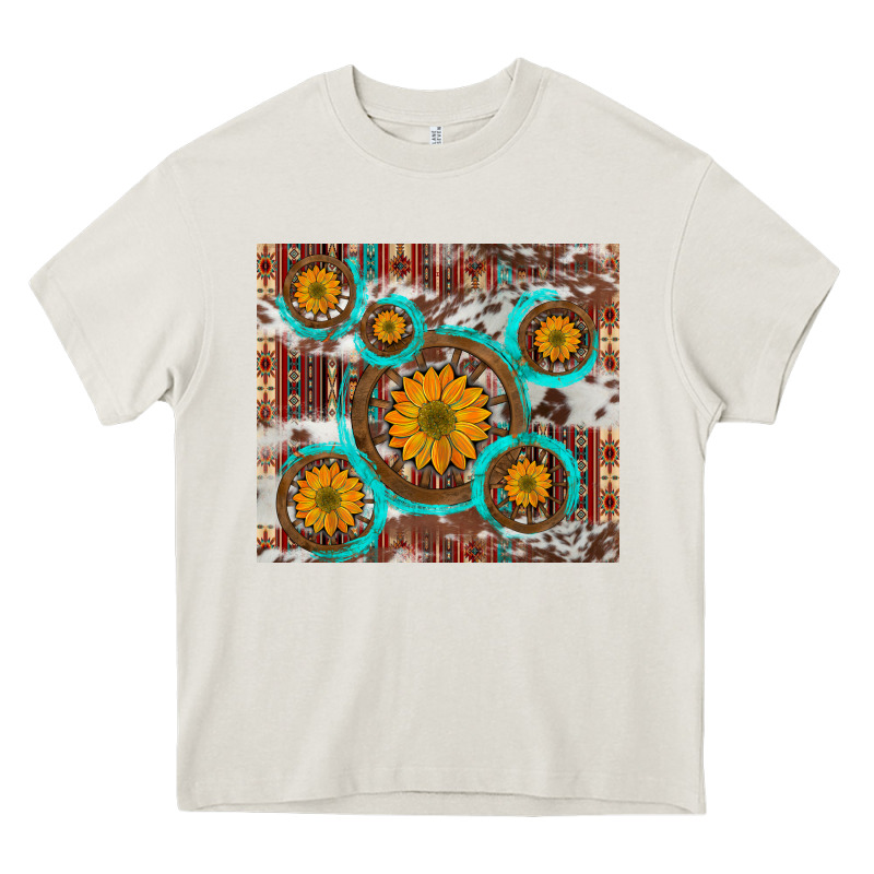 Sunflowers And Western Old Wheel Aztec Cowhide Background Heavy Core Tee by Artiststas | Teevron