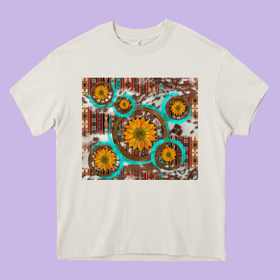 Sunflowers And Western Old Wheel Aztec Cowhide Background Heavy Core Tee Designed By Artiststas