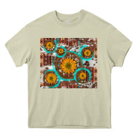 Mossy sunflowers and western old wheel aztec cowhide background Heavy Core Tee - Artiststas