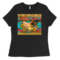 Black western coop animals farm chicken chick rooster sunflowers wooden sera Ladies Tee - Artiststas