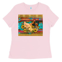 Bubblegum Pink western coop animals farm chicken chick rooster sunflowers wooden sera Ladies Tee - Artiststas
