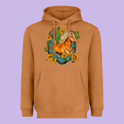 Western Horse Cactus Sunflowers Horseshoe Heavyweight Hoodie Designed By Oliviacreatesart