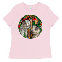 Bubblegum Pink Baby Goats Christmas Ladies Tee - RanaPortraitStore