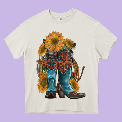 Western Boots With Sunflowers Heavy Core Tee Designed By Artiststas