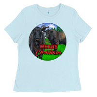 Baby Blue Black Angus Cattle and Bull Merry Christmas Ladies Tee - RanaPortraitStore