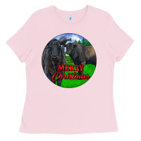 Bubblegum Pink Black Angus Cattle and Bull Merry Christmas Ladies Tee - RanaPortraitStore
