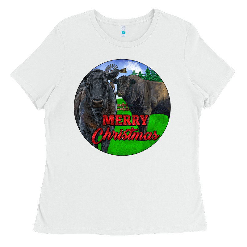 Black Angus Cattle And Bull Merry Christmas Ladies Tee by RanaPortraitStore | Teevron