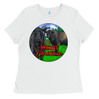 White Black Angus Cattle and Bull Merry Christmas Ladies Tee - RanaPortraitStore