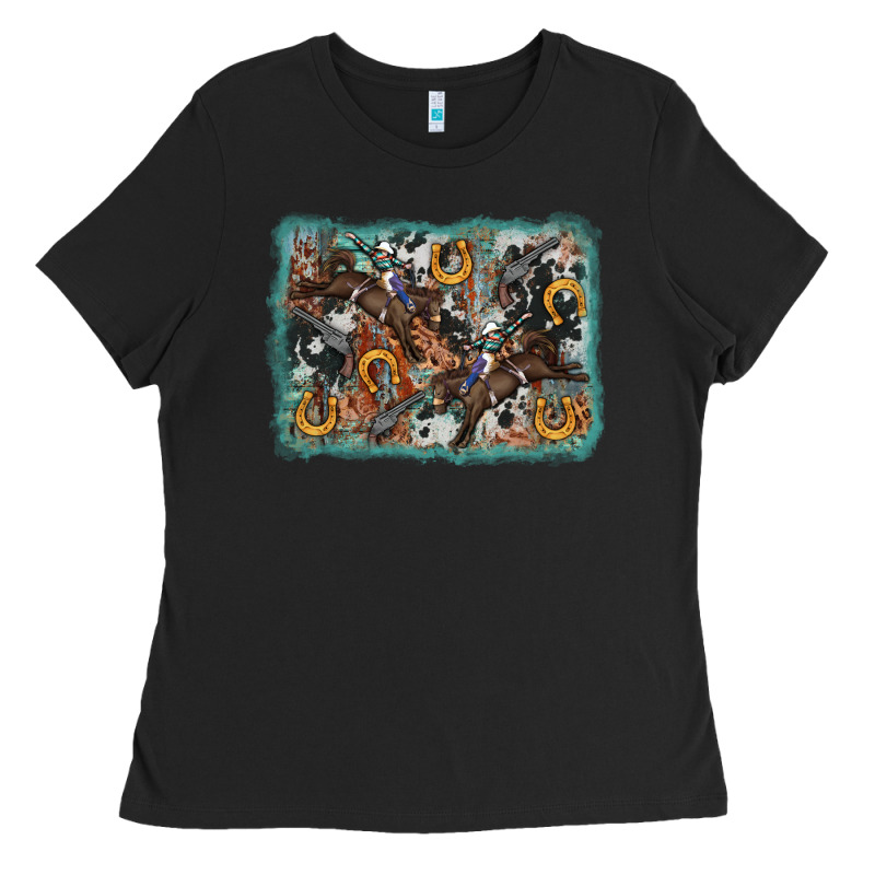 Bucking Bronco Rodeo Revolver Western Background Ladies Tee by AdoDesignShop | Teevron