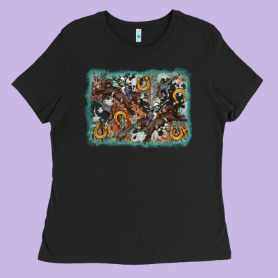 Bucking Bronco Rodeo Revolver Western Background Ladies Tee Designed By Adodesignshop