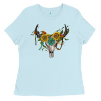 Baby Blue boho bullskull with sunflower and gemstone Ladies Tee - Artiststas