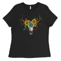 Black boho bullskull with sunflower and gemstone Ladies Tee - Artiststas
