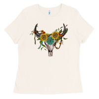 Bone boho bullskull with sunflower and gemstone Ladies Tee - Artiststas