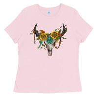 Bubblegum Pink boho bullskull with sunflower and gemstone Ladies Tee - Artiststas