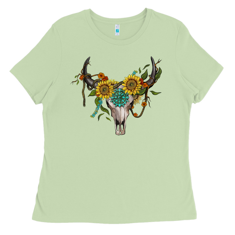 Boho Bullskull With Sunflower And Gemstone Ladies Tee by Artiststas | Teevron
