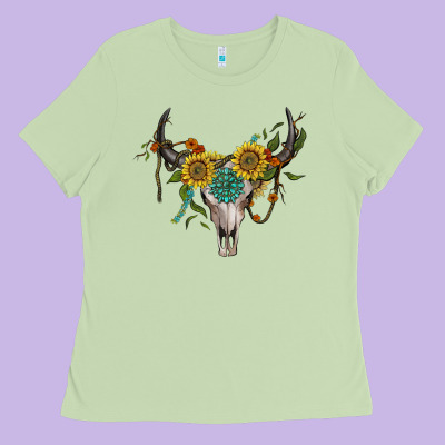 Boho Bullskull With Sunflower And Gemstone Ladies Tee Designed By Artiststas