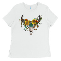 White boho bullskull with sunflower and gemstone Ladies Tee - Artiststas