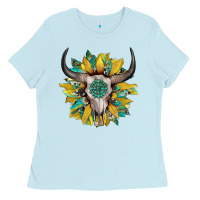 Baby Blue boho bullskull with sunflower and gemstone Ladies Tee - Artiststas