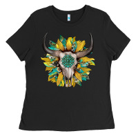 Black boho bullskull with sunflower and gemstone Ladies Tee - Artiststas