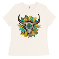 Bone boho bullskull with sunflower and gemstone Ladies Tee - Artiststas