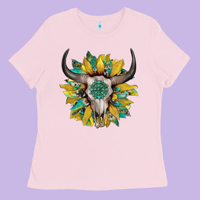 Boho Bullskull With Sunflower And Gemstone Ladies Tee Designed By Artiststas