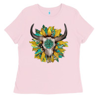 Bubblegum Pink boho bullskull with sunflower and gemstone Ladies Tee - Artiststas