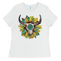 White boho bullskull with sunflower and gemstone Ladies Tee - Artiststas