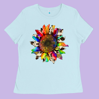 Tie Dye Sunflower With Cowhide Ladies Tee Designed By Artiststas
