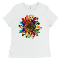 White tie dye sunflower with cowhide Ladies Tee - Artiststas