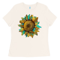 Bone sunflower with leopard and turquoise Ladies Tee - Artiststas