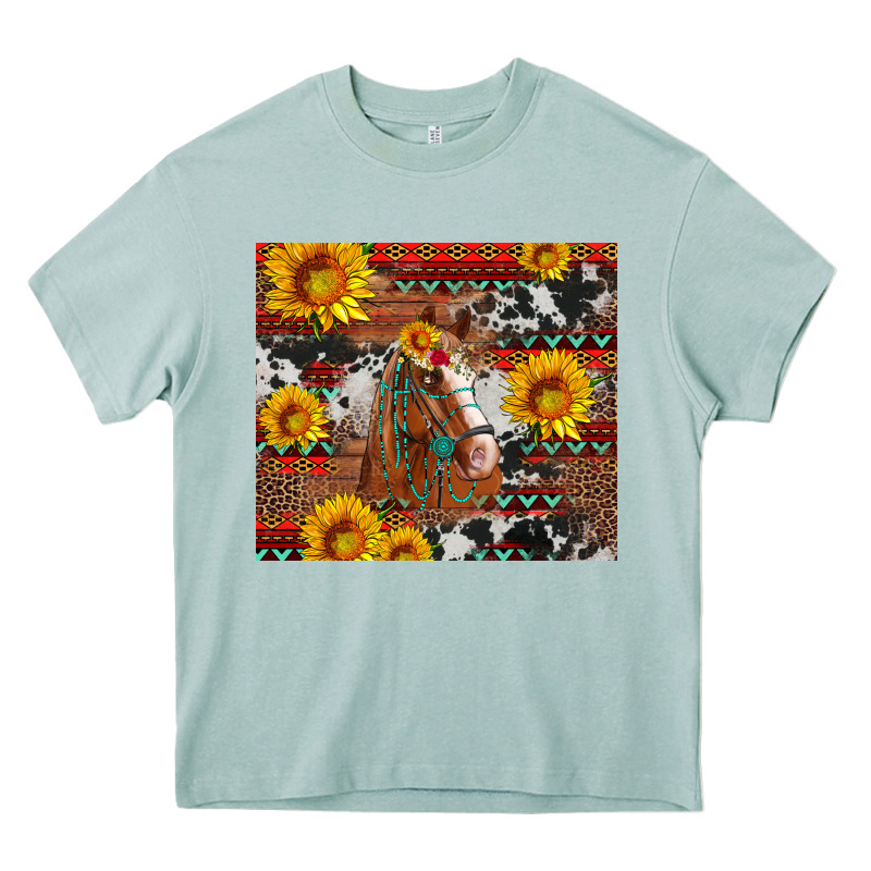 Western Horse With Sunflowers And Aztec Leopard Cowhide Heavy Core Tee by Artiststas | Teevron