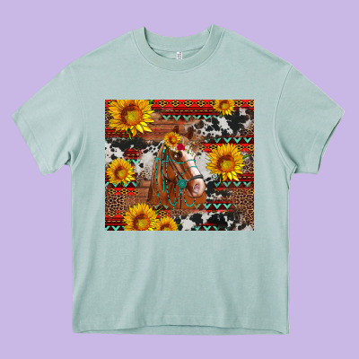 Western Horse With Sunflowers And Aztec Leopard Cowhide Heavy Core Tee Designed By Artiststas