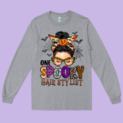 One Spooky Hair Stylist Long Sleeve Tee Designed By Barkaloodesign