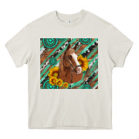 Cream western horse with gemstone and sunflower Heavy Core Tee - Artiststas