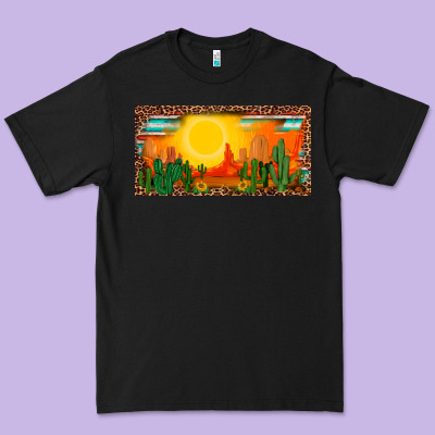 Western  Sunset Cactus Leopard Serape   License Plate Template Premium Tee Designed By Barkaloodesign