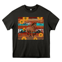 Western Horse And Sunflowers Cowhide Leopard With Aztec Heavy Core Tee | Teevron