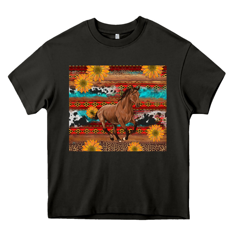 Western Horse And Sunflowers Cowhide Leopard With Aztec Heavy Core Tee by Artiststas | Teevron