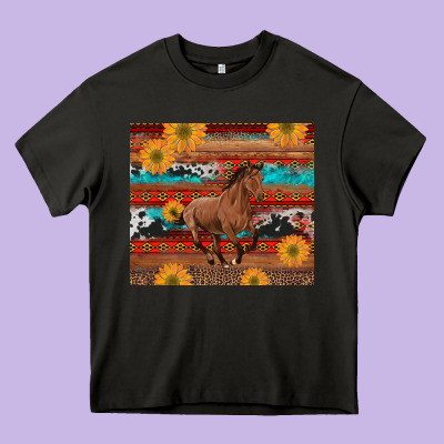 Western Horse And Sunflowers Cowhide Leopard With Aztec Heavy Core Tee Designed By Artiststas