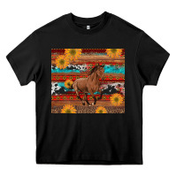 Black western horse and sunflowers cowhide leopard with aztec Heavy Core Tee - Artiststas