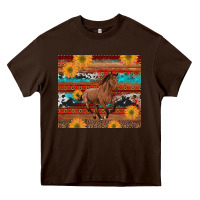 Chocolate Brown western horse and sunflowers cowhide leopard with aztec Heavy Core Tee - Artiststas
