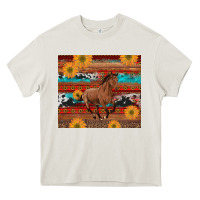 Cream western horse and sunflowers cowhide leopard with aztec Heavy Core Tee - Artiststas