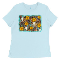 Baby Blue cow skull sunflower background Ladies Tee - AdoDesignShop