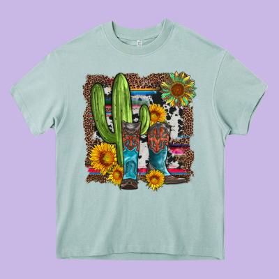 Western Cactus With Cowboy Boots And Sunflowers Heavy Core Tee Designed By Artiststas