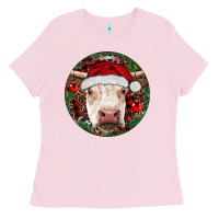 Bubblegum Pink Hereford Cow Christmas Ladies Tee - RanaPortraitStore