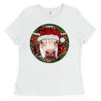White Hereford Cow Christmas Ladies Tee - RanaPortraitStore