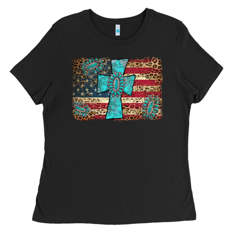 Flag And Turquoise Cross Ladies Tee by AdoDesignShop | Teevron