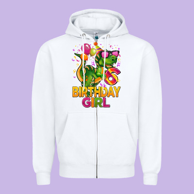6th Birthday Girl T Rex Pink Zipper Hoodie Designed By Cowgirlartshop