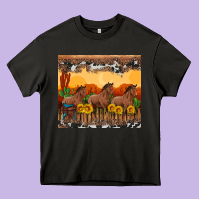 Western Horses And  Sunset With Sunflowers Heavy Core Tee Designed By Artiststas