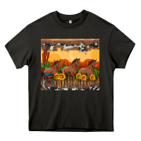 Asphalt western horses and  sunset with sunflowers Heavy Core Tee - Artiststas