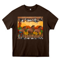 Chocolate Brown western horses and  sunset with sunflowers Heavy Core Tee - Artiststas